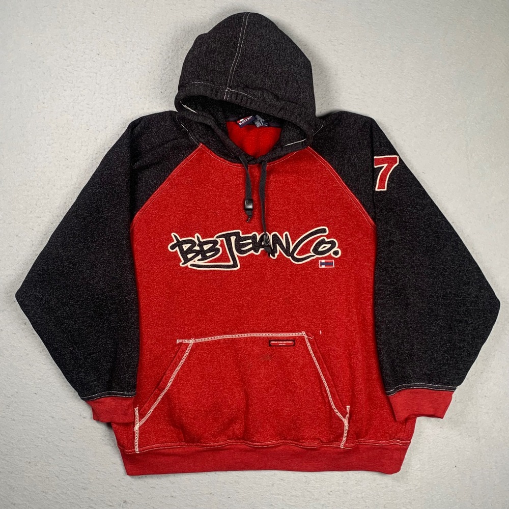 Bugle Boy Hoodie Mens Large Red BB Jean Co Vintage Y2K Raglan Embroidered Logo